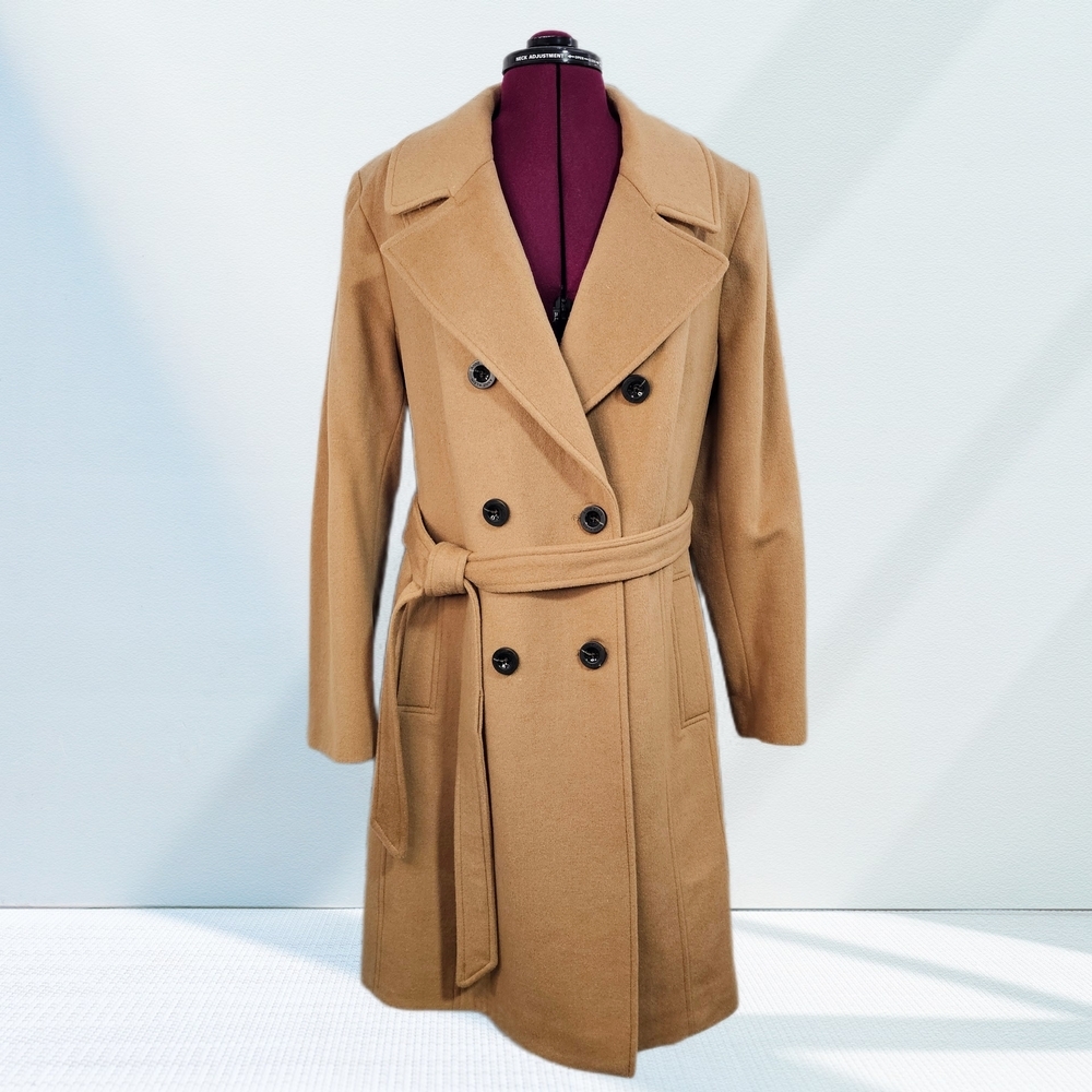 Anne Klein Cashmere Wool Blend Camel Double-Breasted Belted Trench Coat - Picture 2 of 16